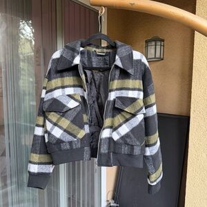 Jou Jou Plaid Bomber Jacket in Black, White, and Green